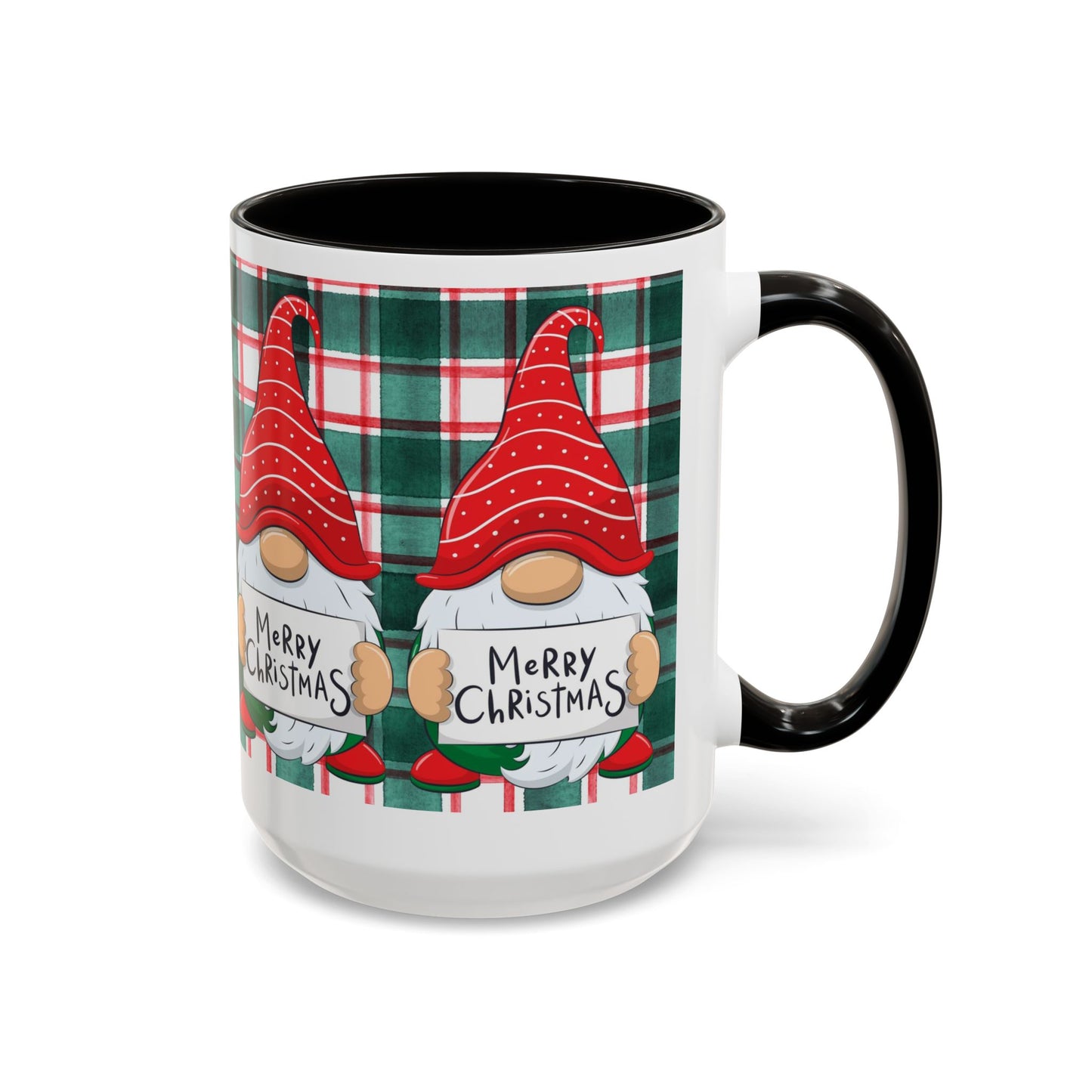 Festive Christmas gnome mug with holiday design, featuring gnomes and a plaid background.