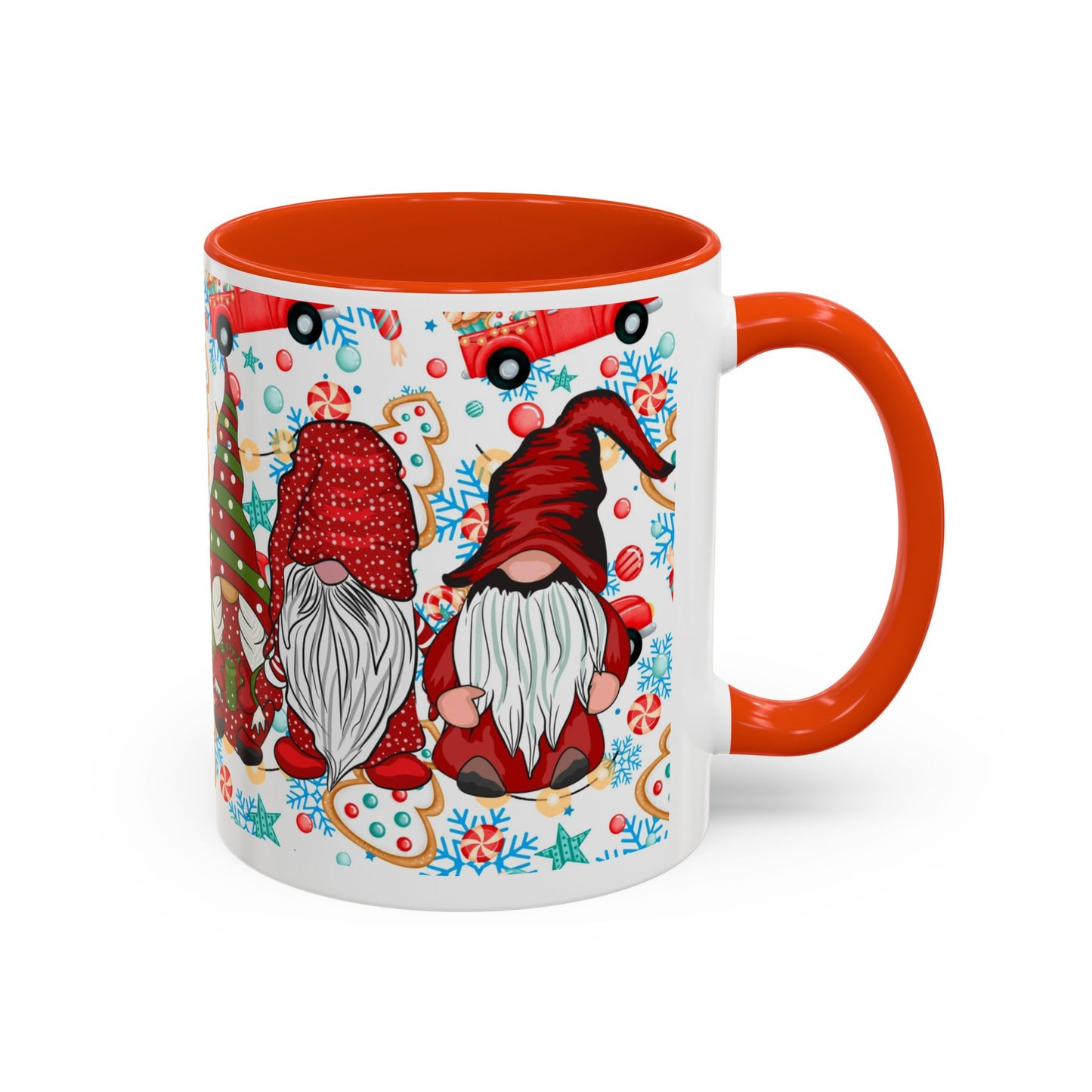 Festive Christmas gnome coffee mug with gingerbread design and snowflakes, perfect for holiday enjoyment.
