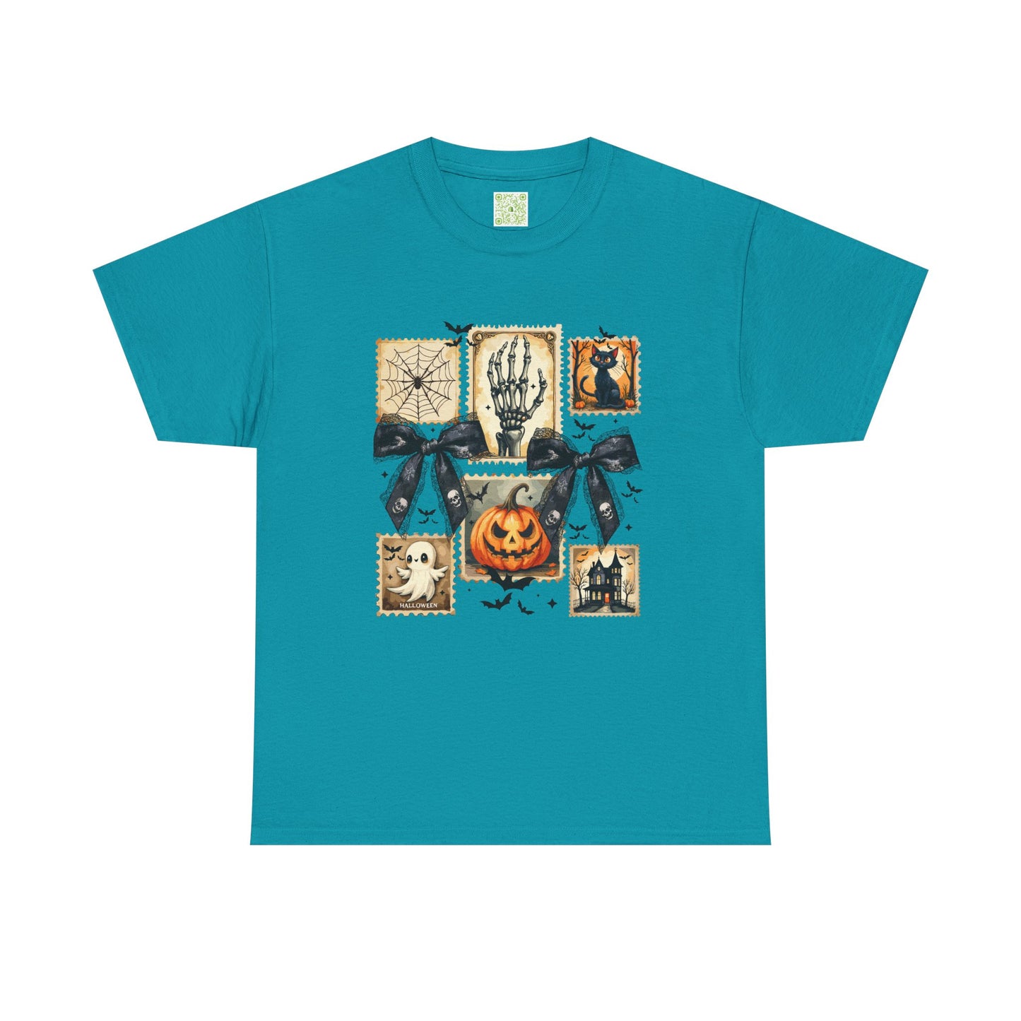 Halloween themed shirt with playful pumpkin, skeleton, and spooky illustrations on a teal background.