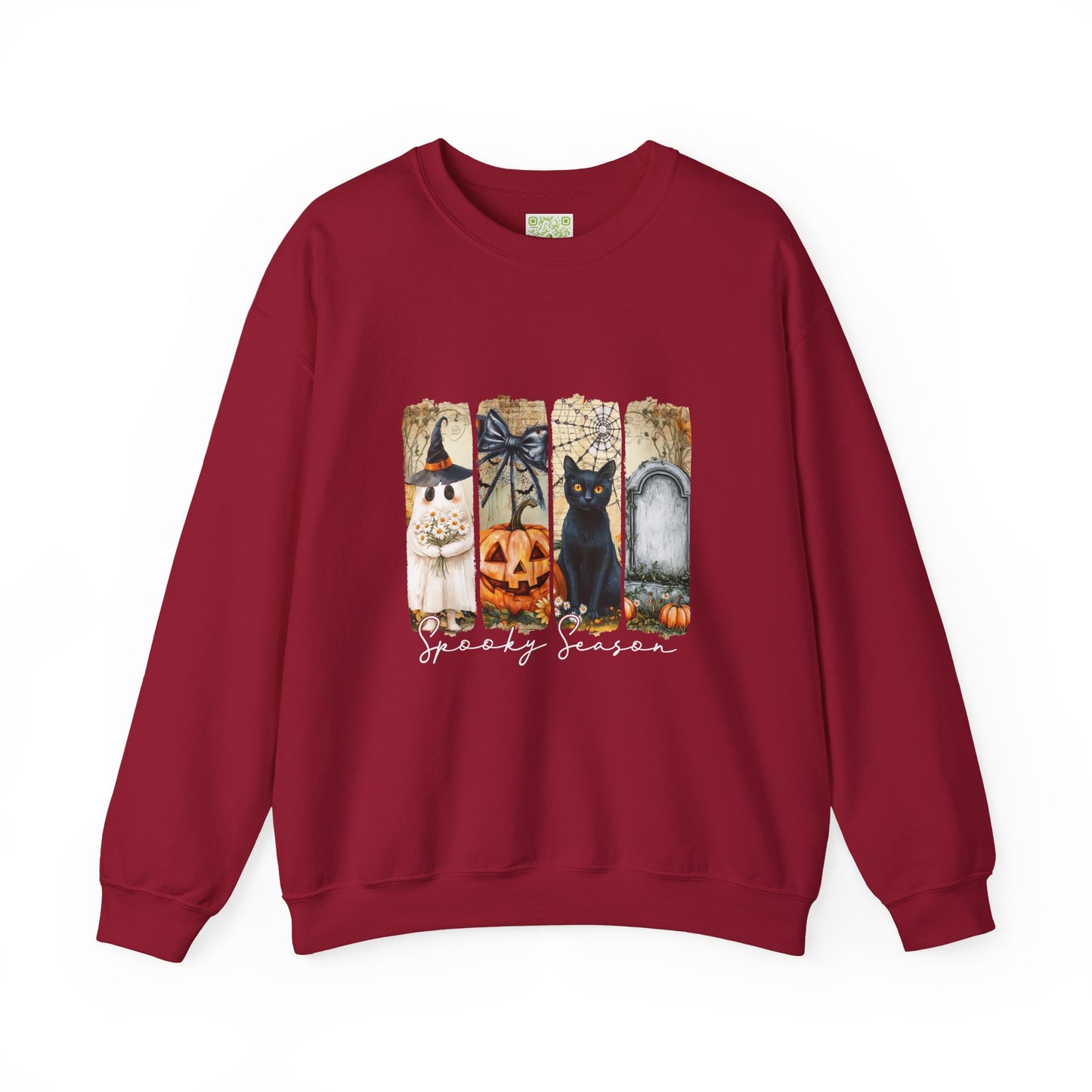 Spooky Season sweatshirt featuring a witch, pumpkin, black cat, and gravestone design on a burgundy crewneck.