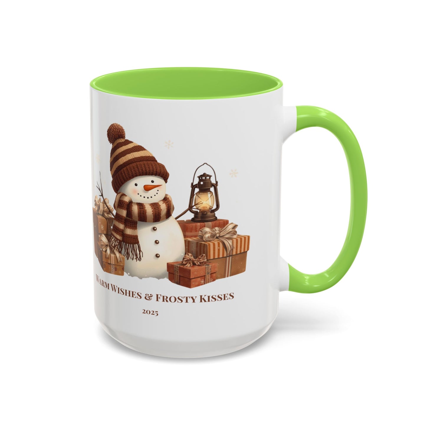 Snowman coffee mug featuring a festive design with gifts and the message 'Warm Wishes & Frosty Kisses'