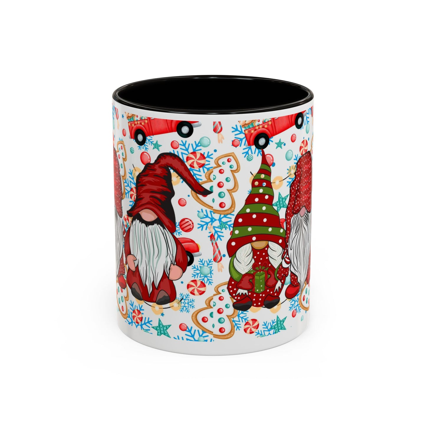 Festive Christmas gnome coffee mug with gingerbread design and snowflakes, perfect for holiday enjoyment.
