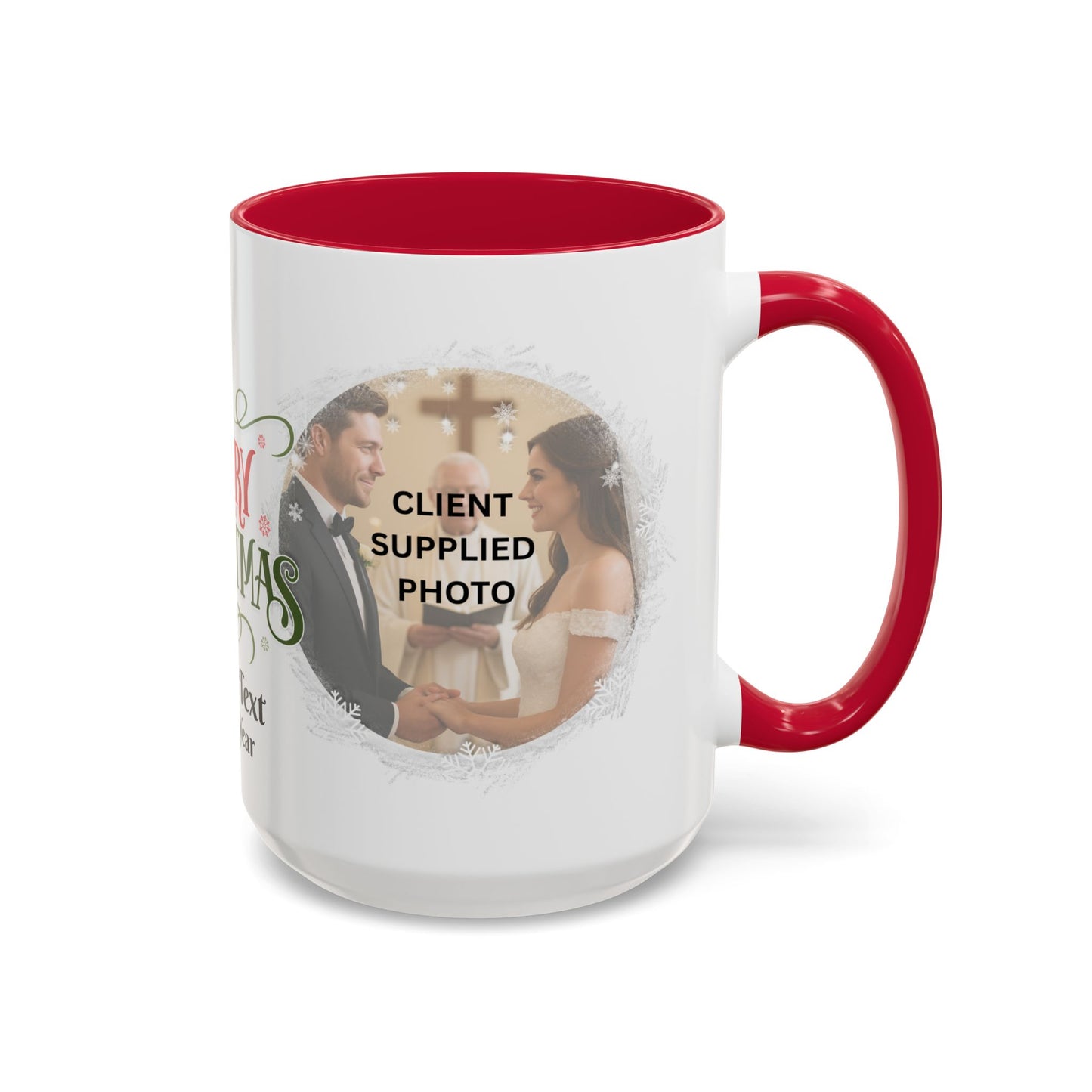 First Year Married Photo Mug featuring a couple at their wedding, red handle, perfect for newlyweds.