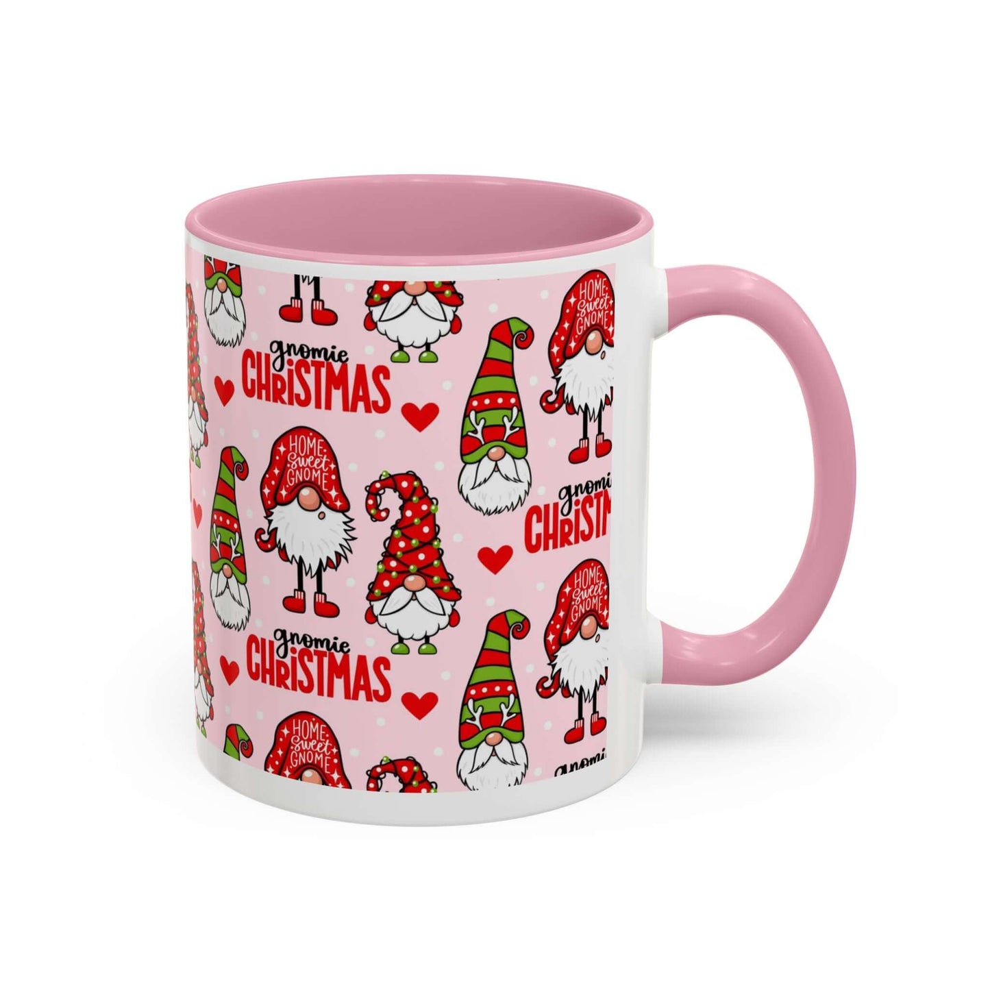 Festive Christmas gnome coffee mug with pink background and whimsical gnome designs for holiday cheer.