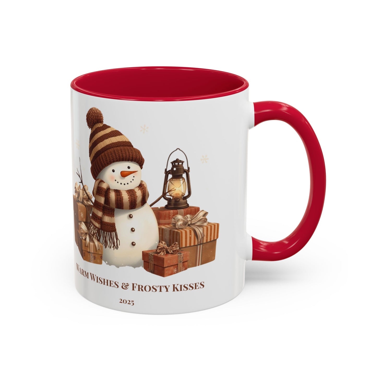Snowman coffee mug featuring a festive design with gifts and the message 'Warm Wishes & Frosty Kisses'