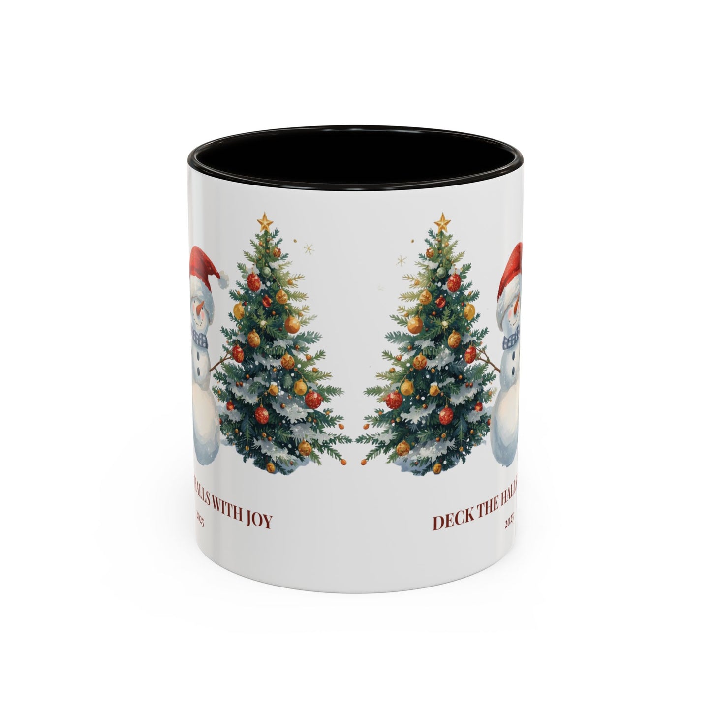 Festive snowman coffee mug featuring cheerful Christmas trees and a joyful holiday design.