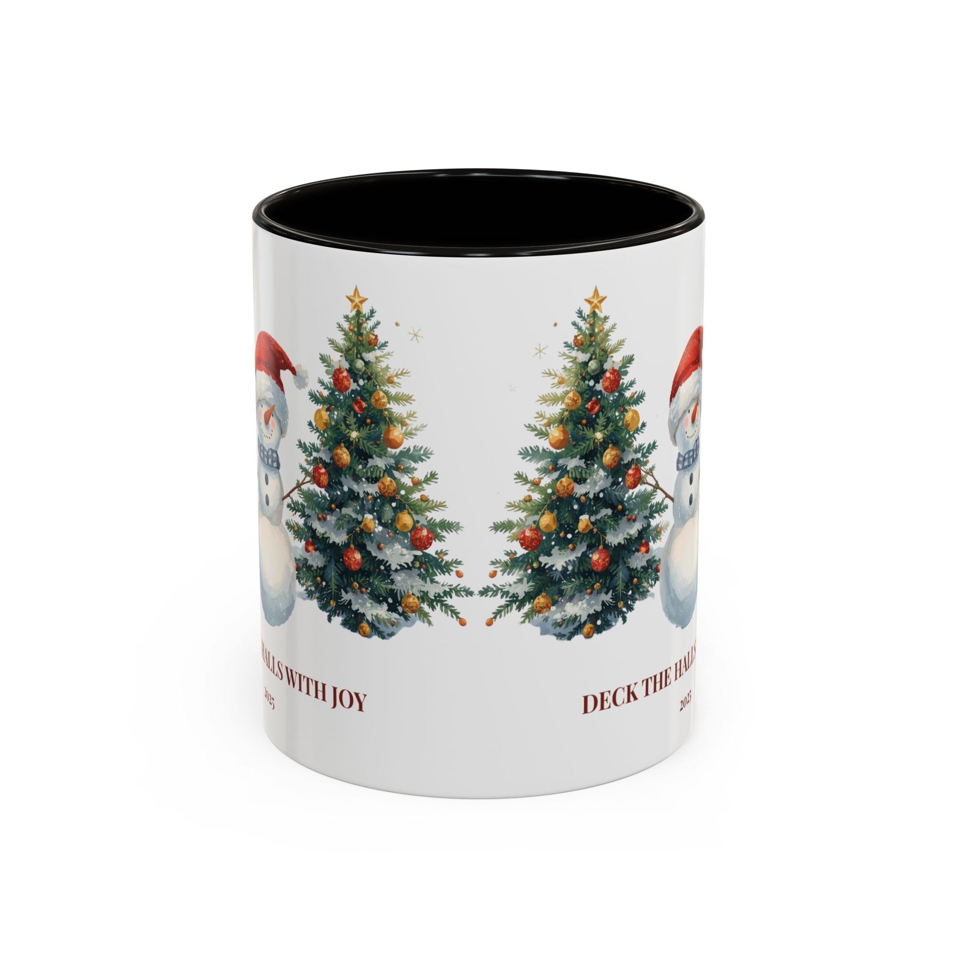Festive snowman coffee mug featuring cheerful Christmas trees and a joyful holiday design.