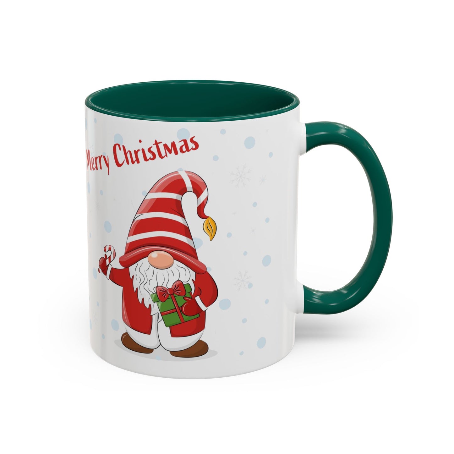 Merry Christmas gnome mug with candy cane and gift design, perfect for holiday beverages.
