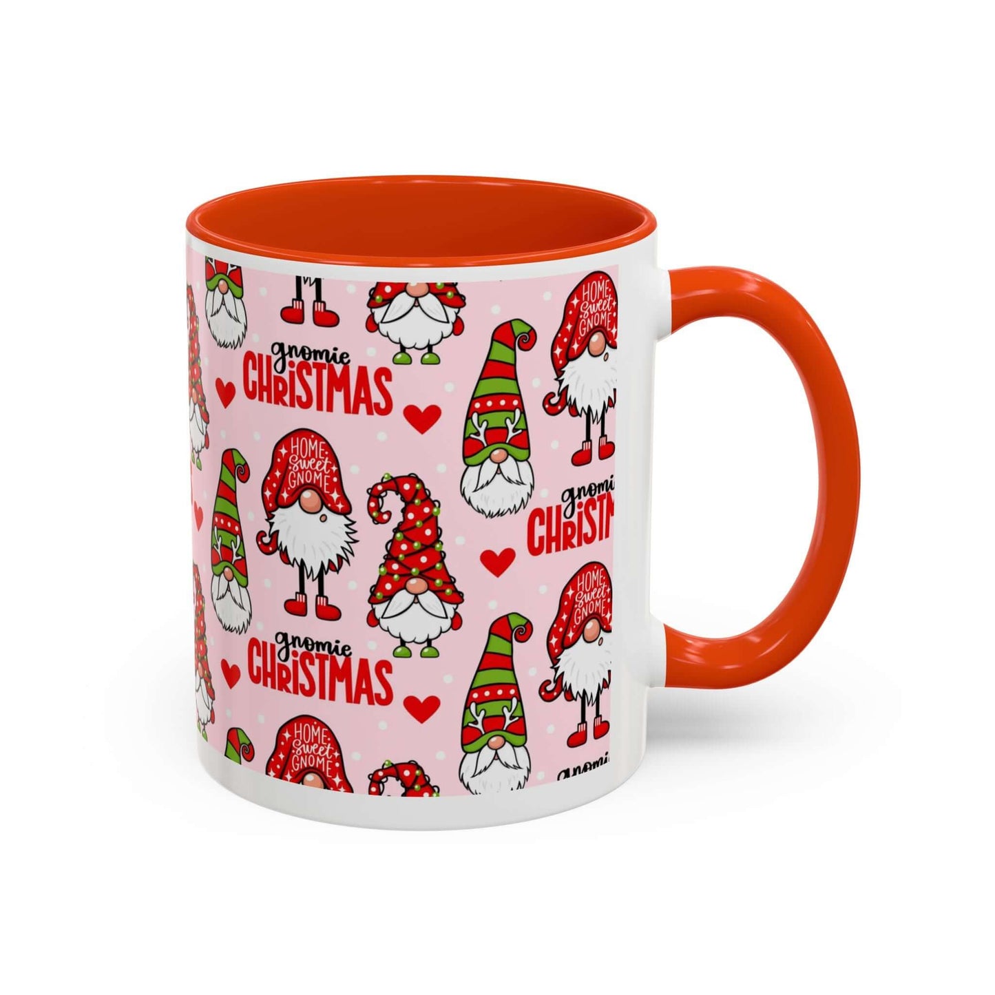 Festive Christmas gnome coffee mug with colorful gnome designs and a pink background, perfect for holiday cheer.
