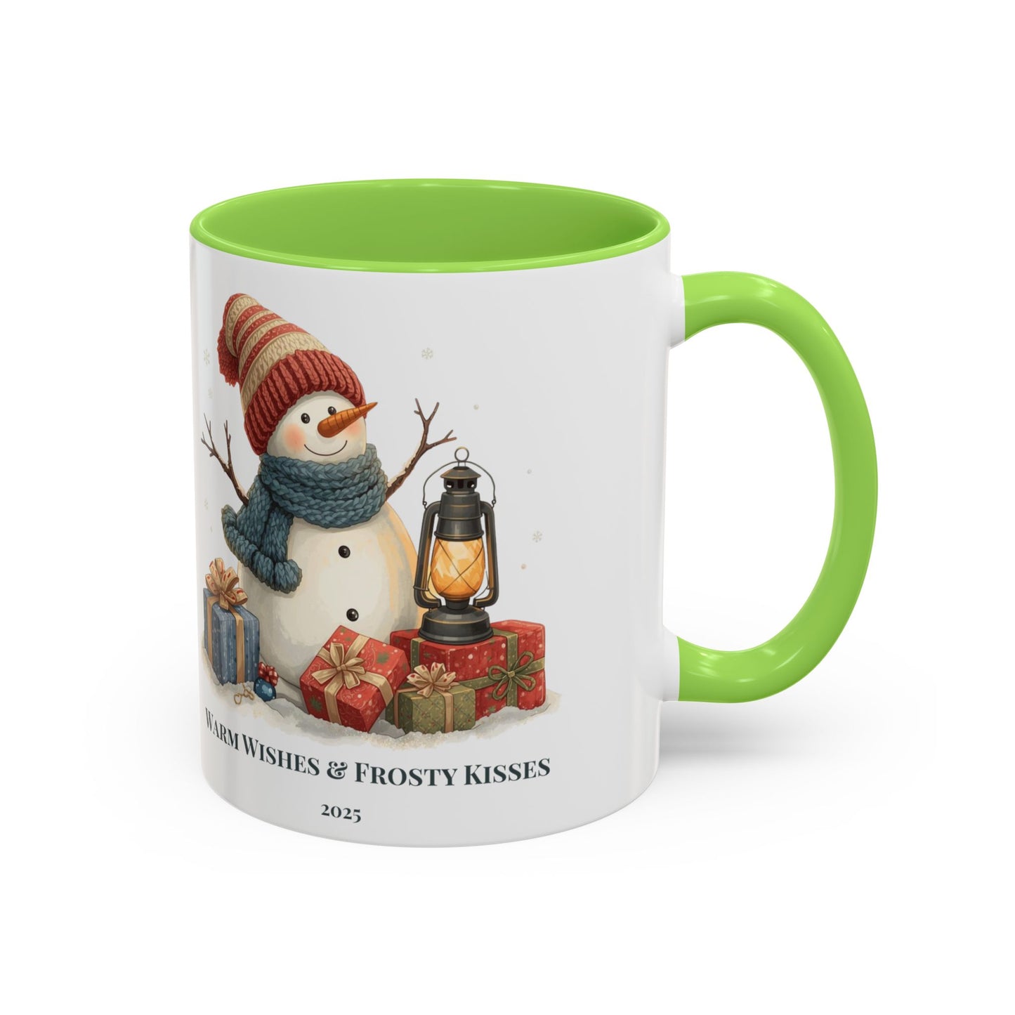 Snowman coffee mug with warm wishes and frosty kisses message, featuring a cheerful snowman and lantern design.