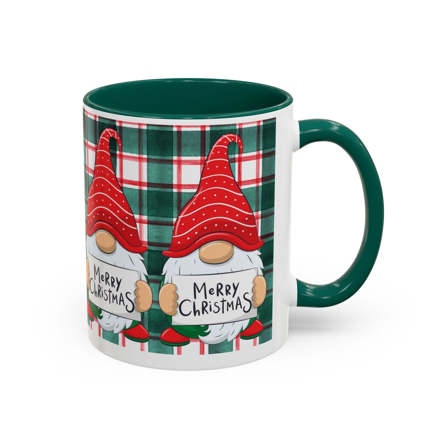 Festive Christmas gnome mug with holiday design, featuring gnomes and a plaid background.