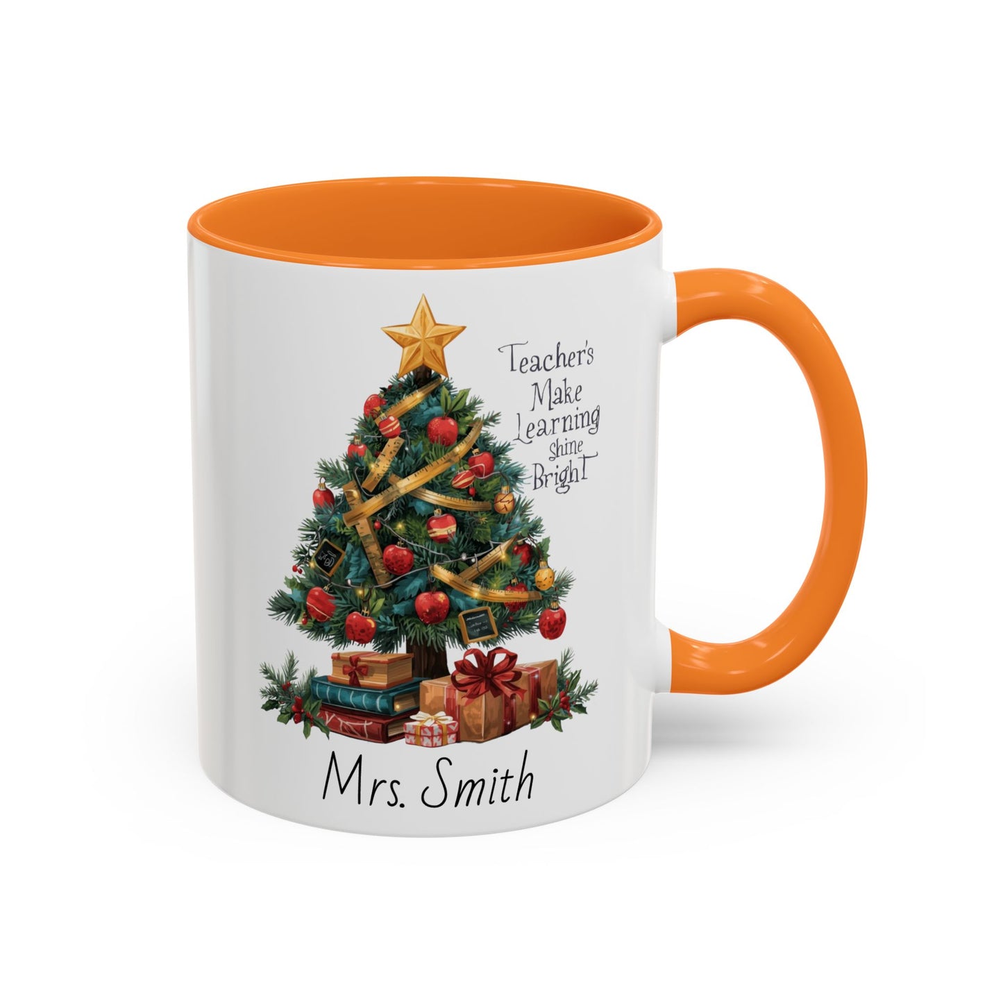 Personalized Christmas teacher mug with festive tree design, custom name, red handle, perfect holiday gift.