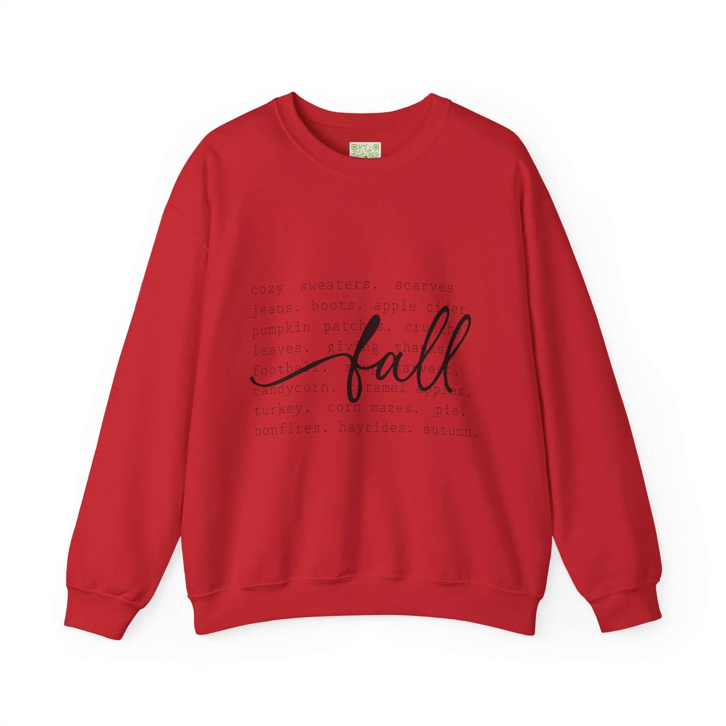 Cozy red sweatshirt with fall-themed typography, perfect for autumn outings and relaxed days at home.