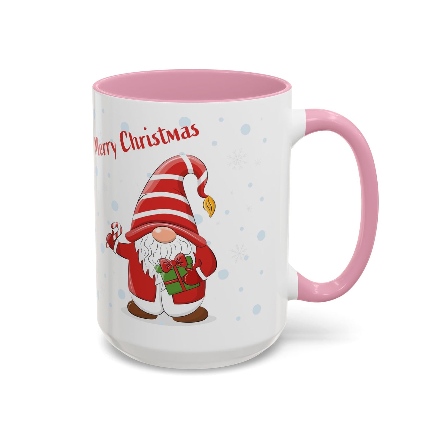 Merry Christmas gnome mug with candy cane and gift design, perfect for holiday beverages.