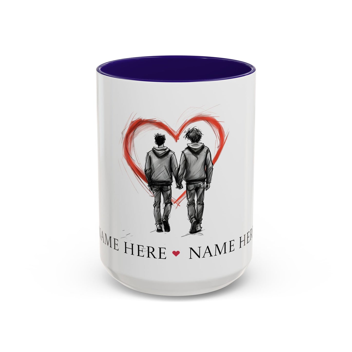 Personalized gay couple coffee mug with names, heart design, perfect for anniversaries and weddings.