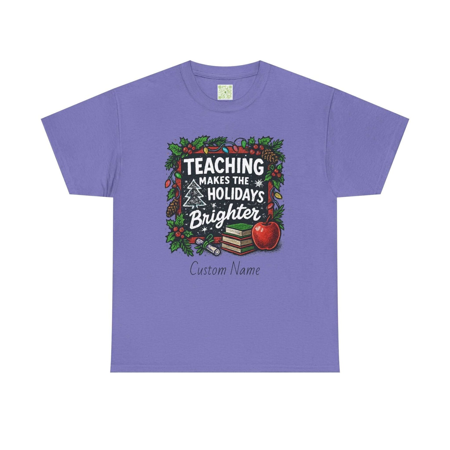 Personalized teacher holiday t-shirt in red with festive design and custom name. Perfect gift for teachers.