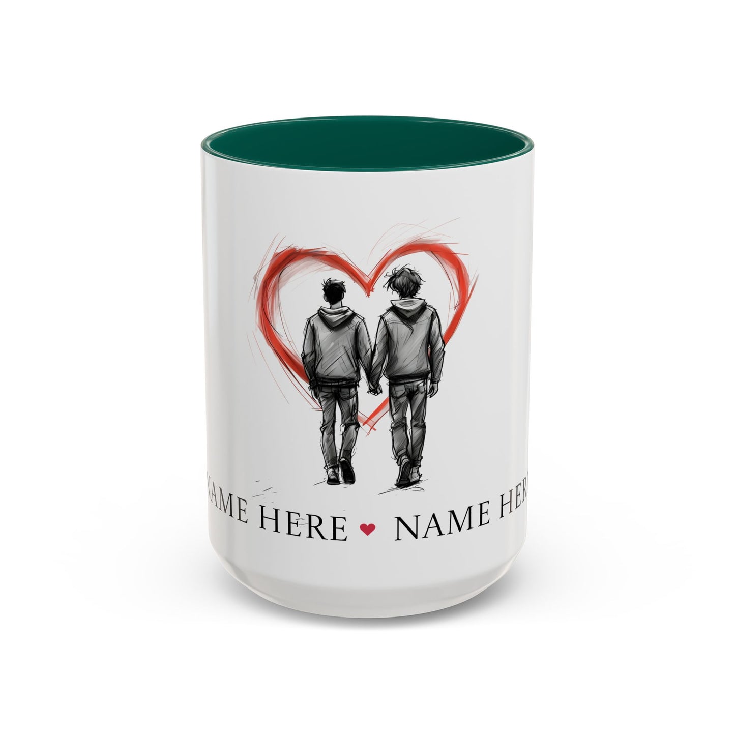 Personalized gay couple coffee mug with names, heart design, perfect for anniversaries and weddings.