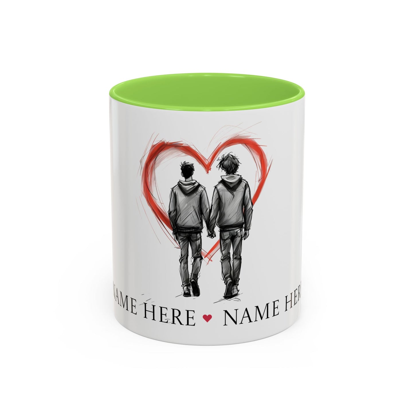 Personalized gay couple coffee mug with names, heart design, perfect for anniversaries and weddings.
