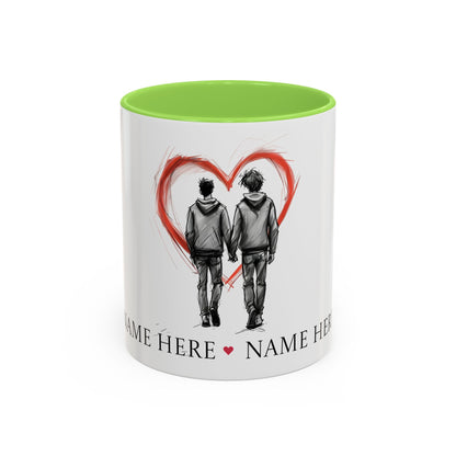 Personalized gay couple coffee mug with names, heart design, perfect for anniversaries and weddings.