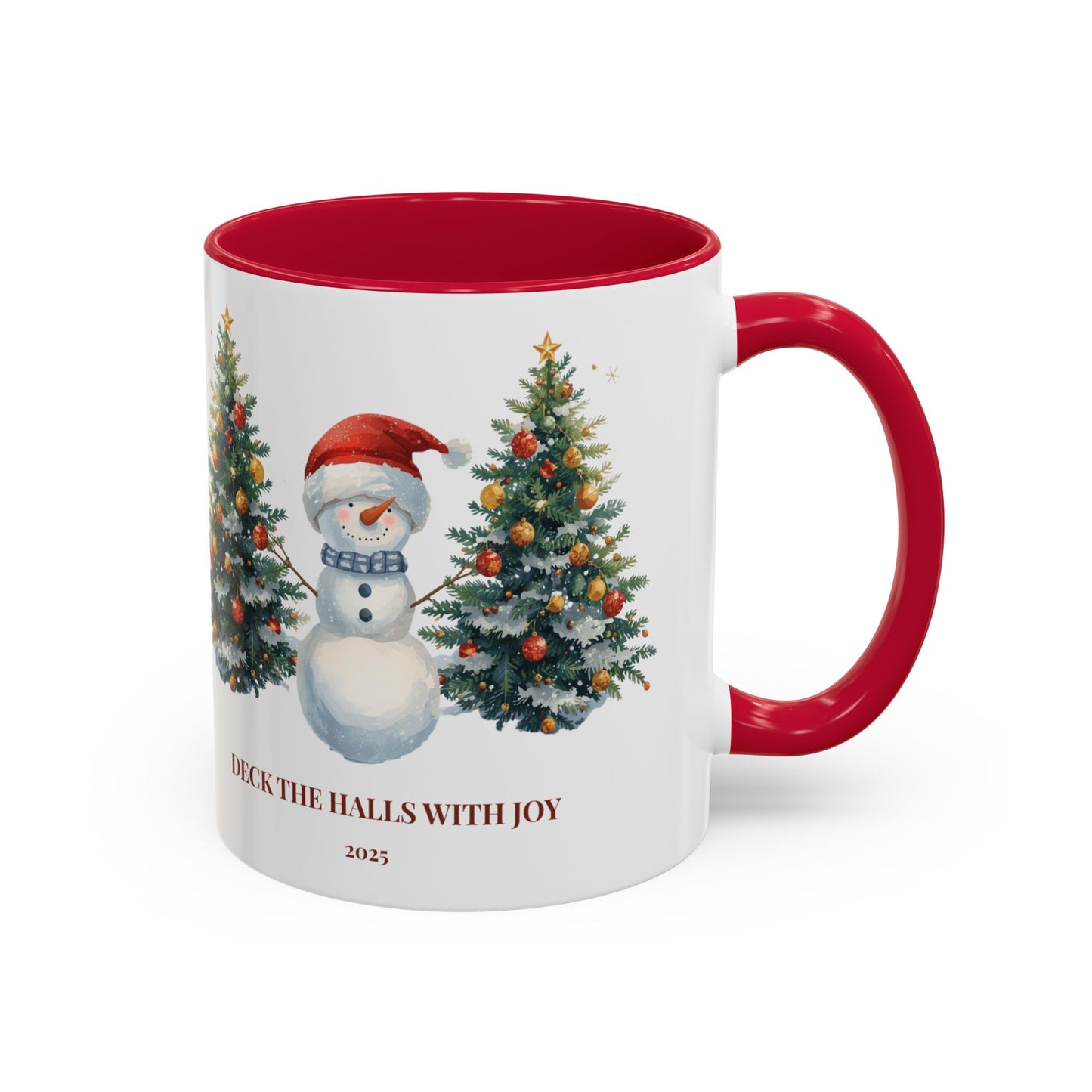 Festive snowman coffee mug featuring cheerful Christmas trees and a joyful holiday design.
