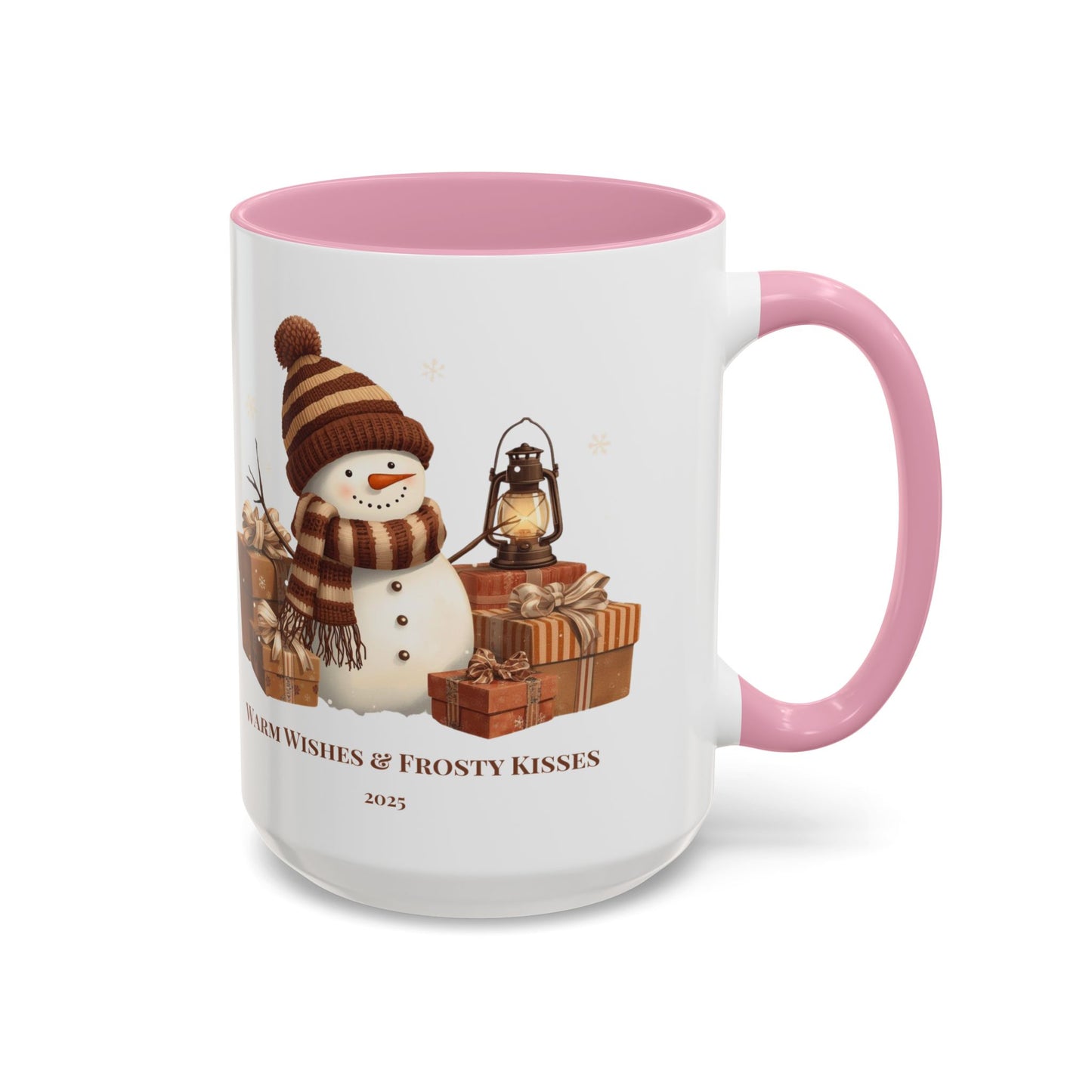 Snowman coffee mug featuring a festive design with gifts and the message 'Warm Wishes & Frosty Kisses'