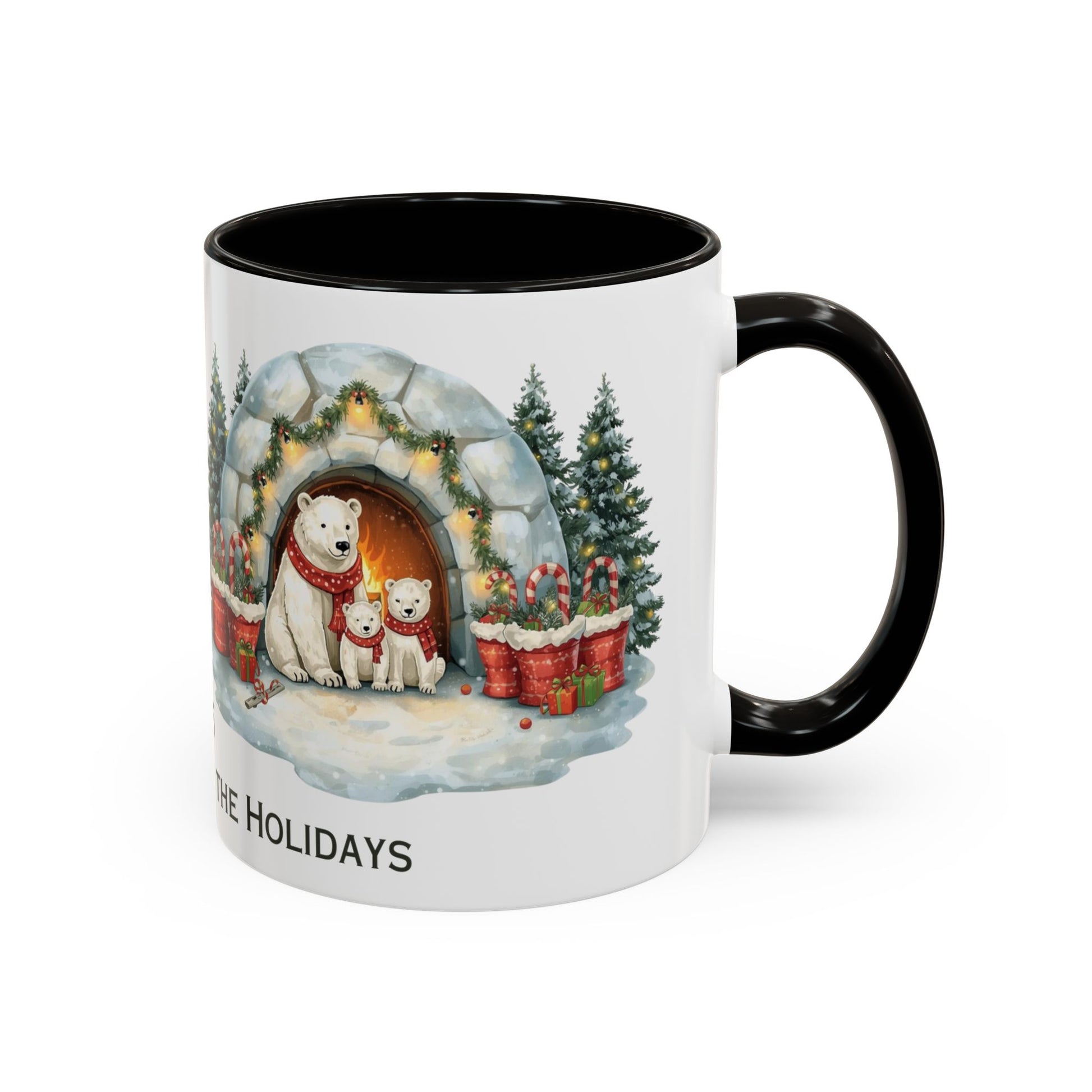Polar Bear Christmas Mug featuring an igloo family scene with trees and holiday decorations.
