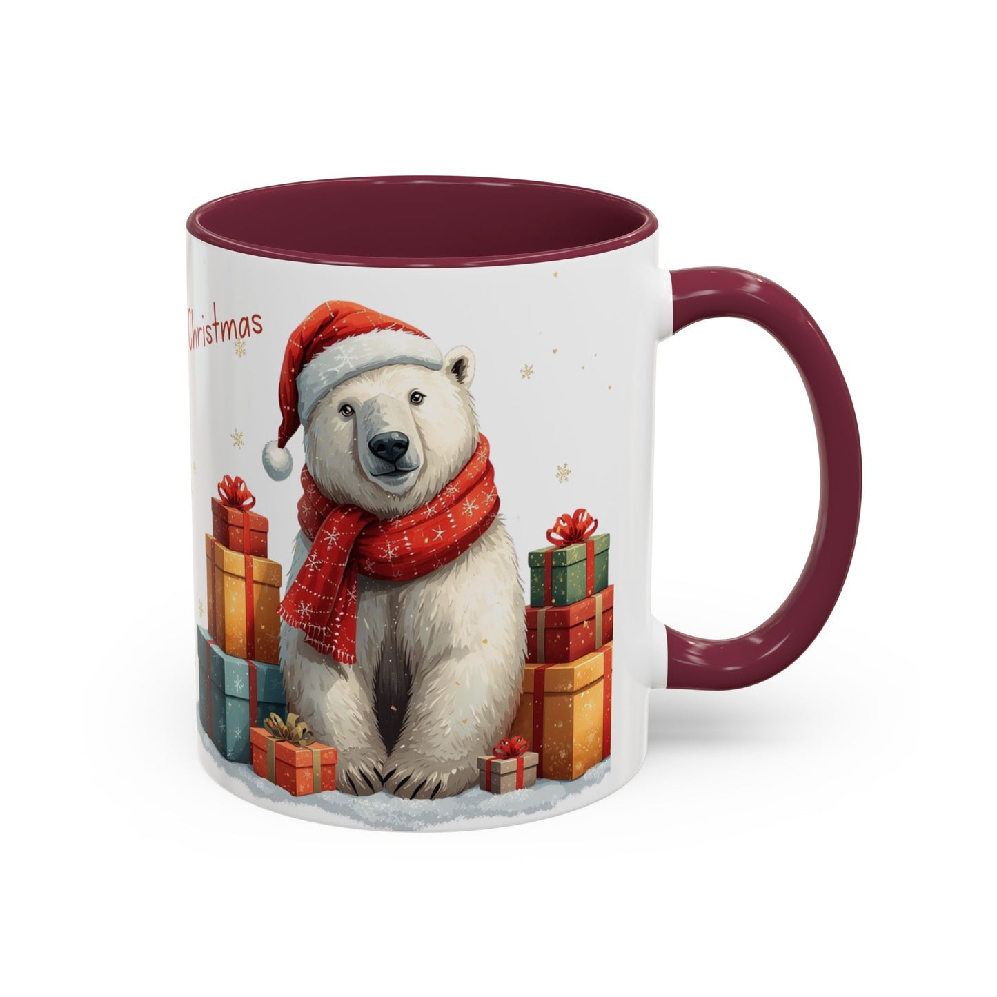 Cute Polar Bear Christmas mug with a red scarf and Santa hat, surrounded by colorful gift boxes.