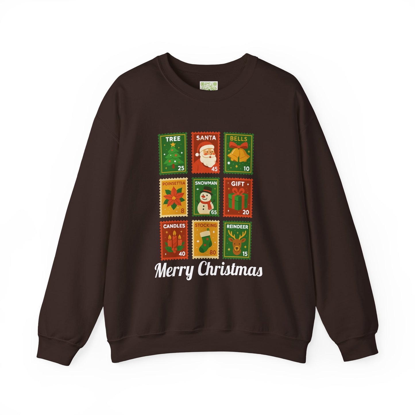 Postage stamp Christmas sweater in forest green featuring holiday designs and 'Merry Christmas' text