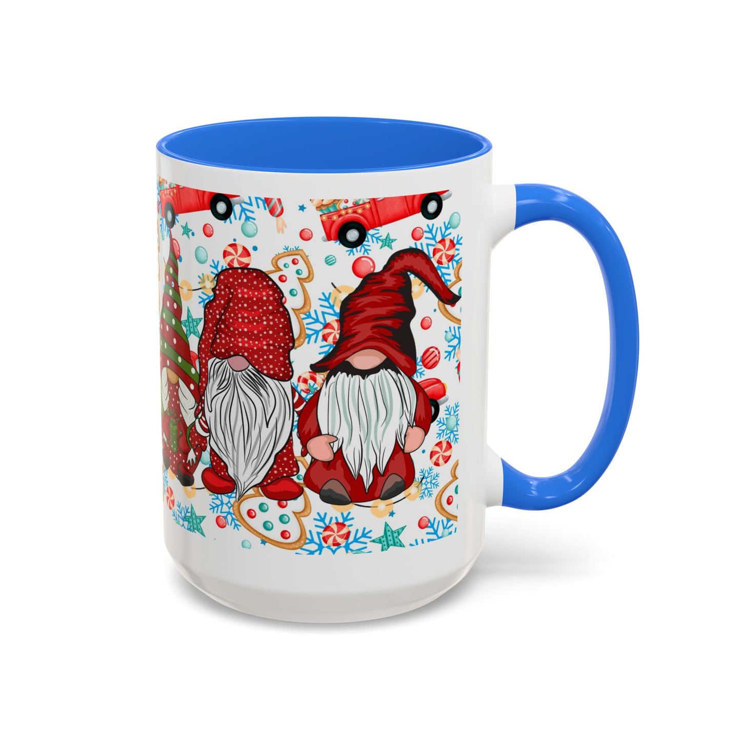 Festive Christmas gnome coffee mug with gingerbread design and snowflakes, perfect for holiday enjoyment.