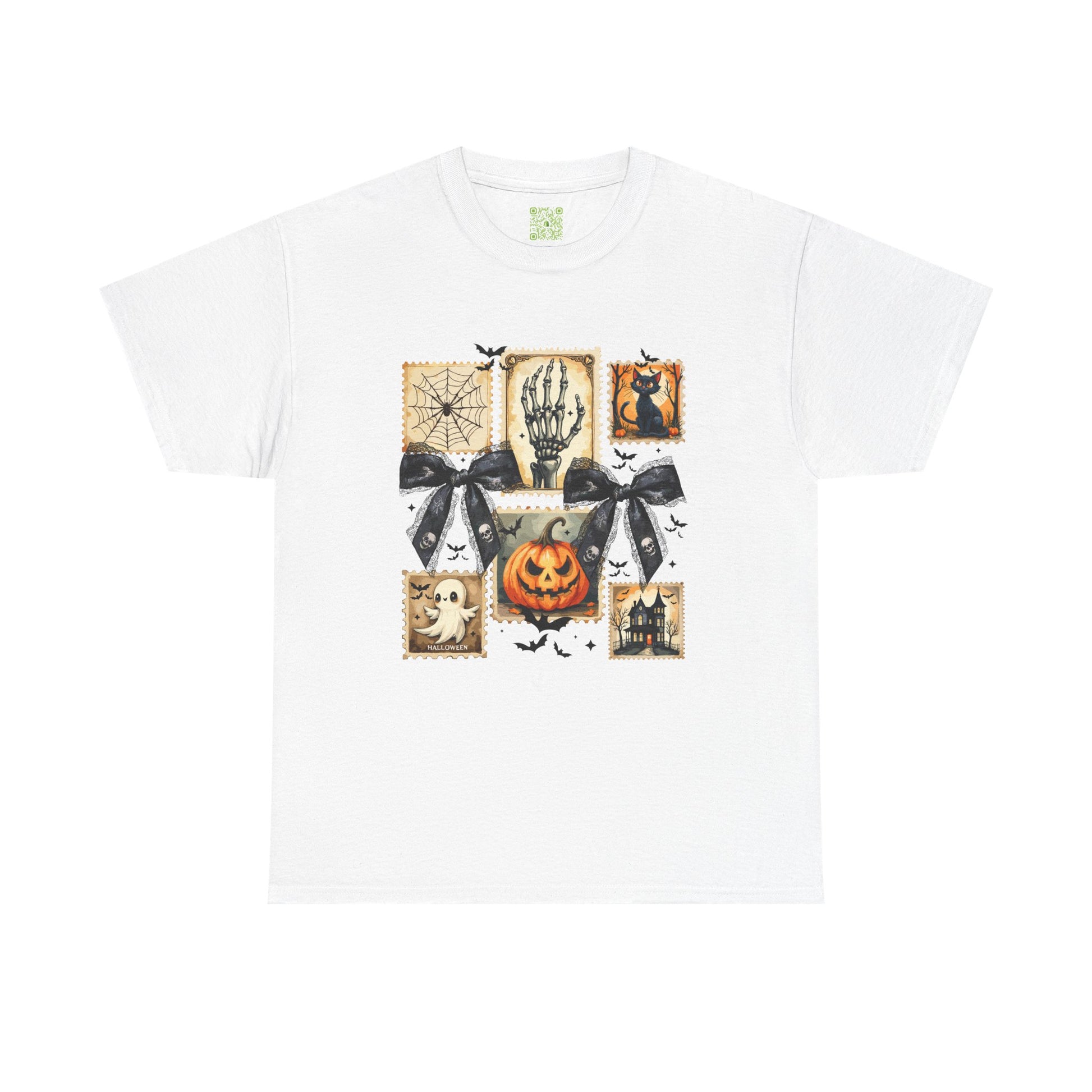 Halloween themed shirt with playful pumpkin print, skeleton, bats, and spooky designs for autumn festivities.