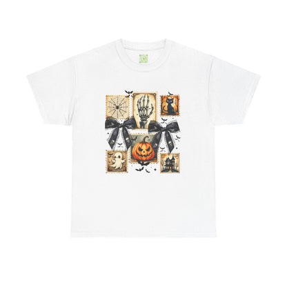 Halloween themed shirt with playful pumpkin print, skeleton, bats, and spooky designs for autumn festivities.