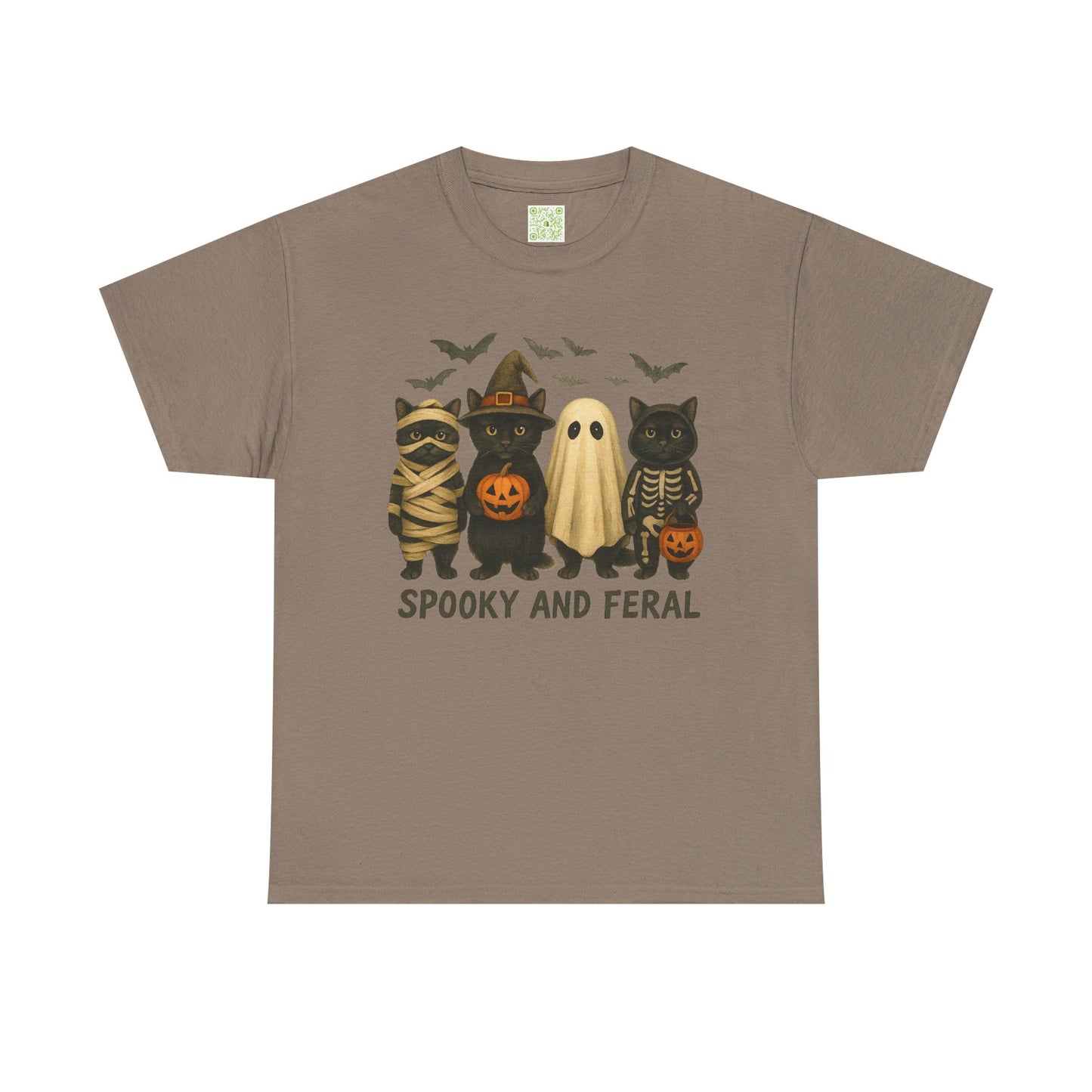 spooky black cat shirt featuring four cute Halloween characters, perfect for Halloween festivities.