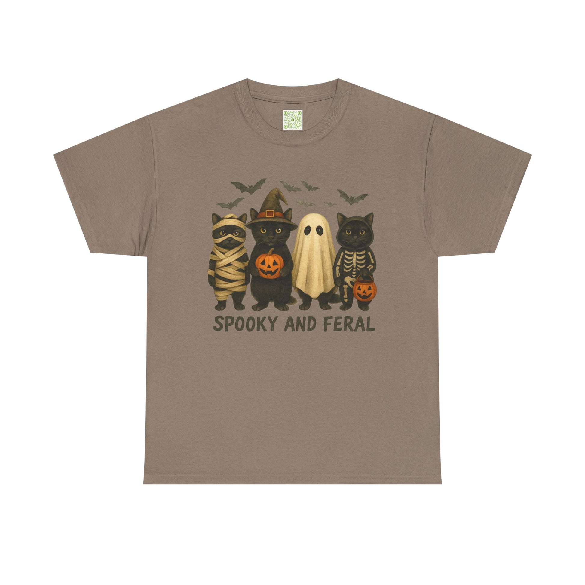 spooky black cat shirt featuring four cute Halloween characters, perfect for Halloween festivities.
