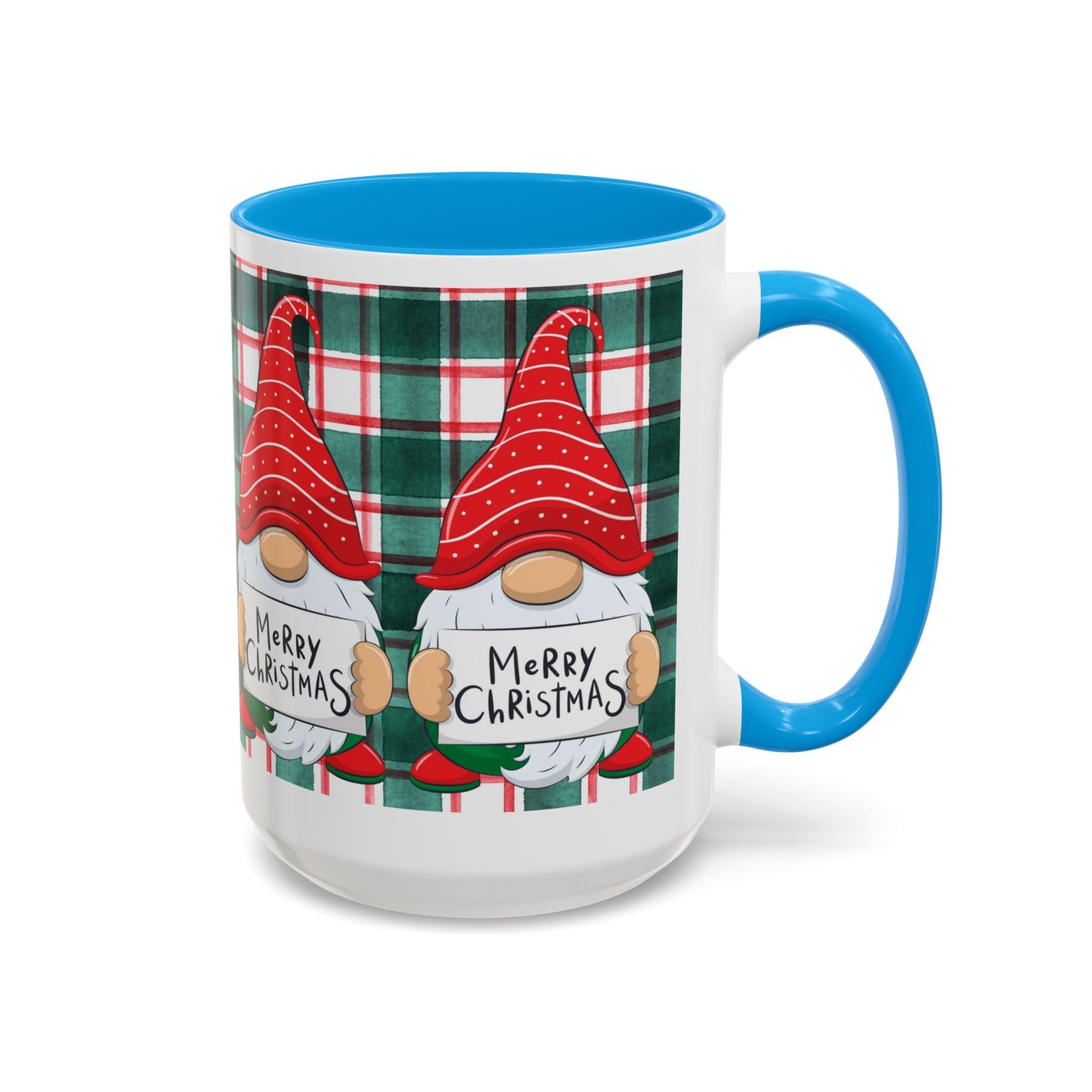 Festive Christmas gnome mug with holiday design, featuring gnomes and a plaid background.