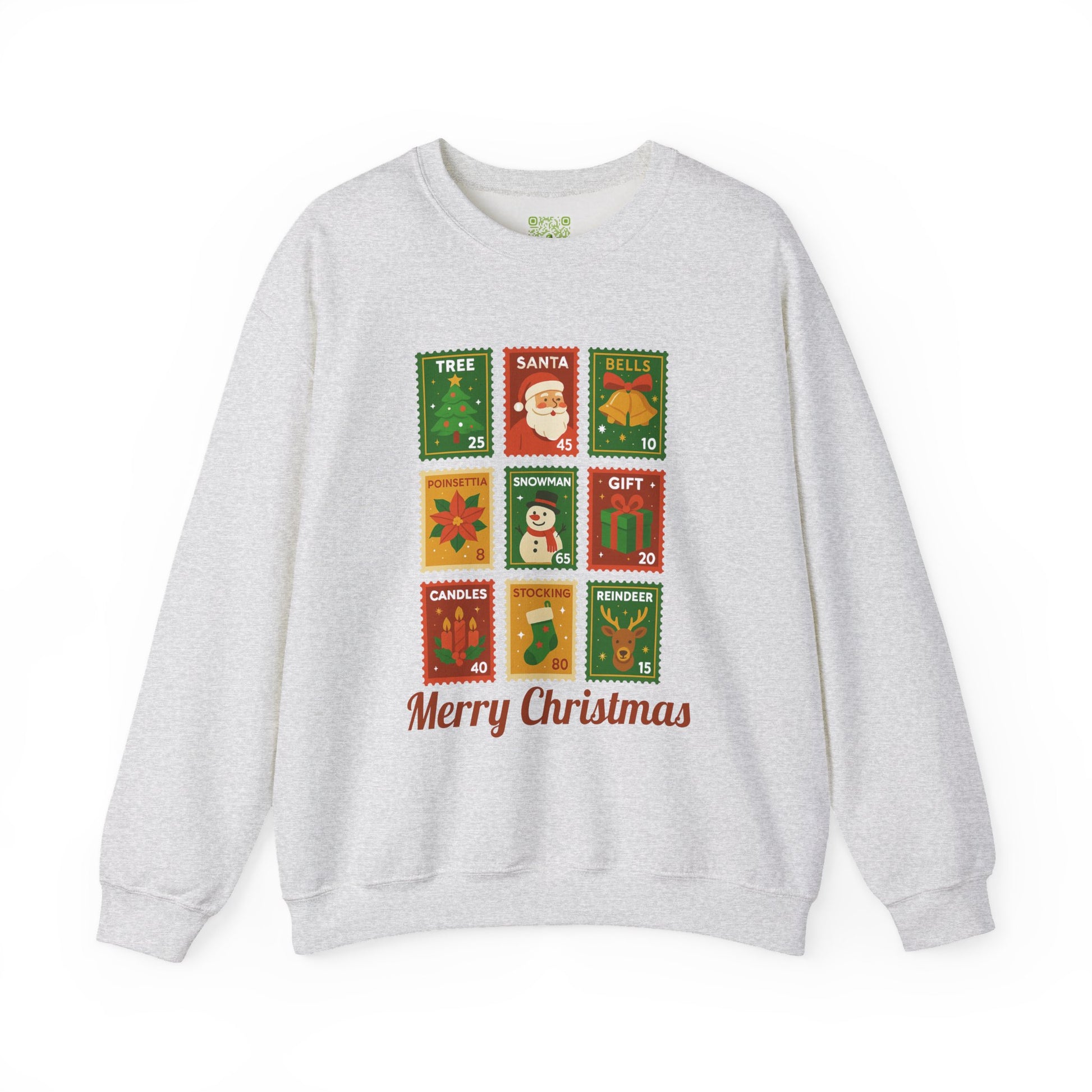 Postage stamp Christmas sweater in forest green featuring holiday designs and 'Merry Christmas' text