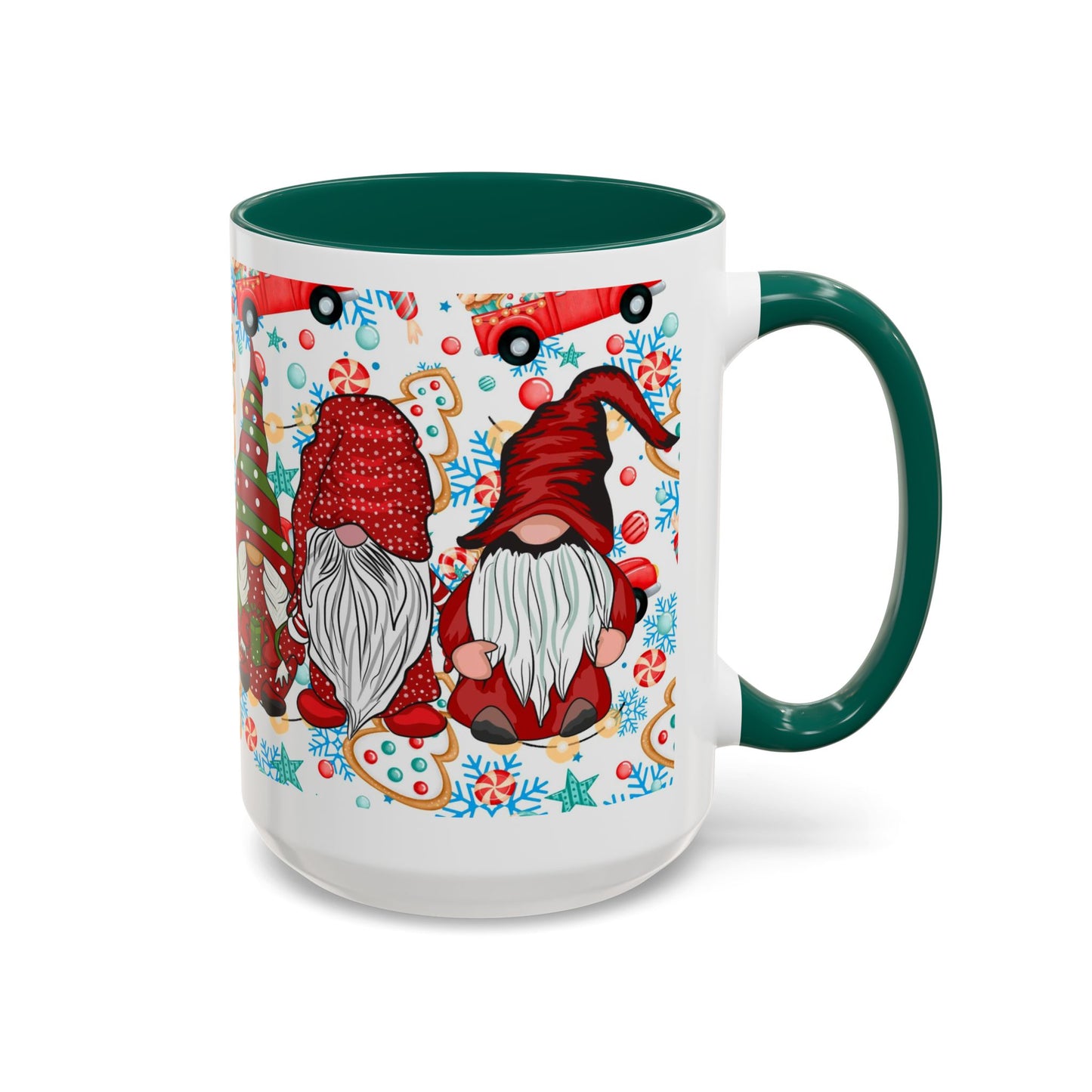 Festive Christmas gnome coffee mug with gingerbread design and snowflakes, perfect for holiday enjoyment.