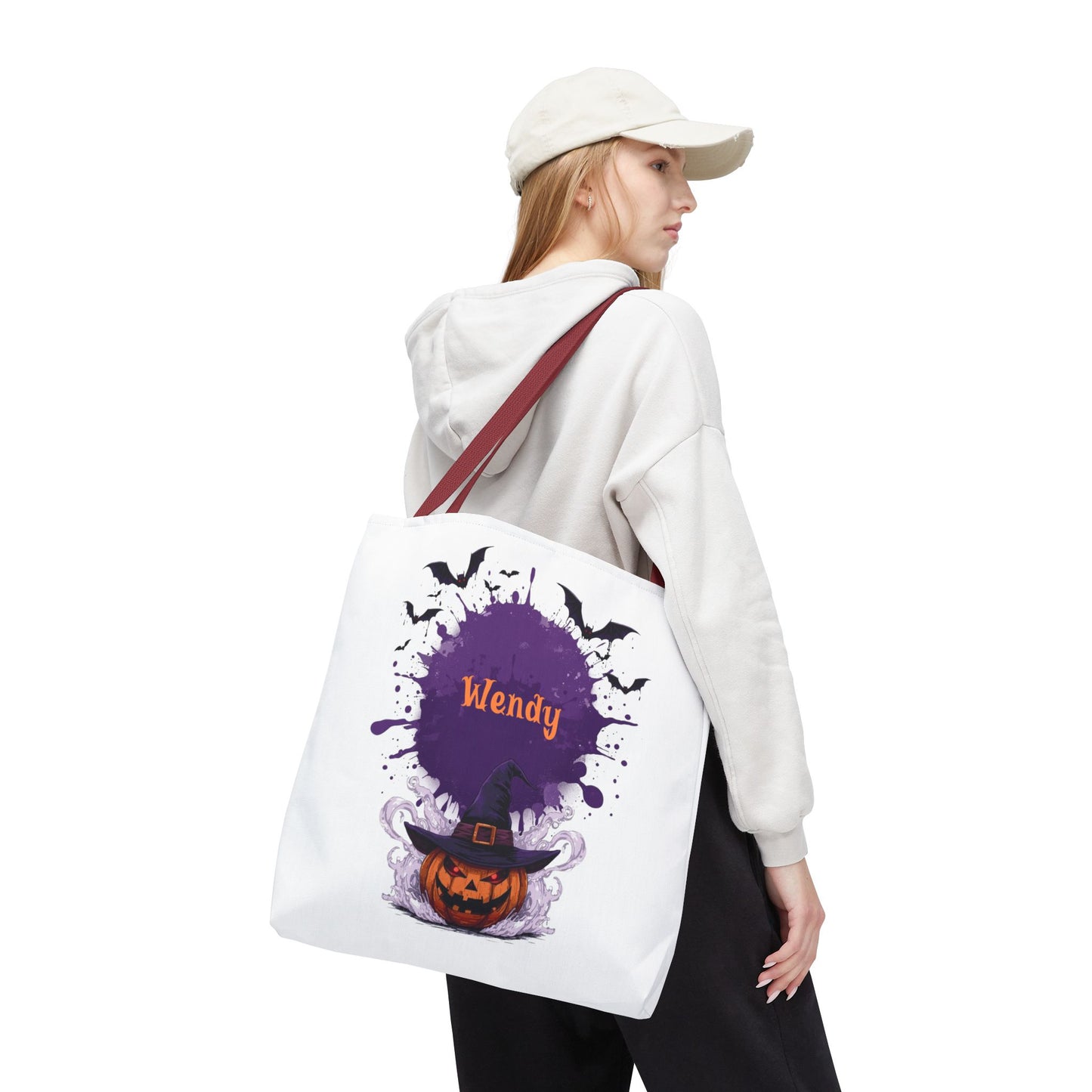 Personalized Kids Halloween Treat Bag featuring a witch hat and pumpkins, custom name 'Wendy' in spooky design.