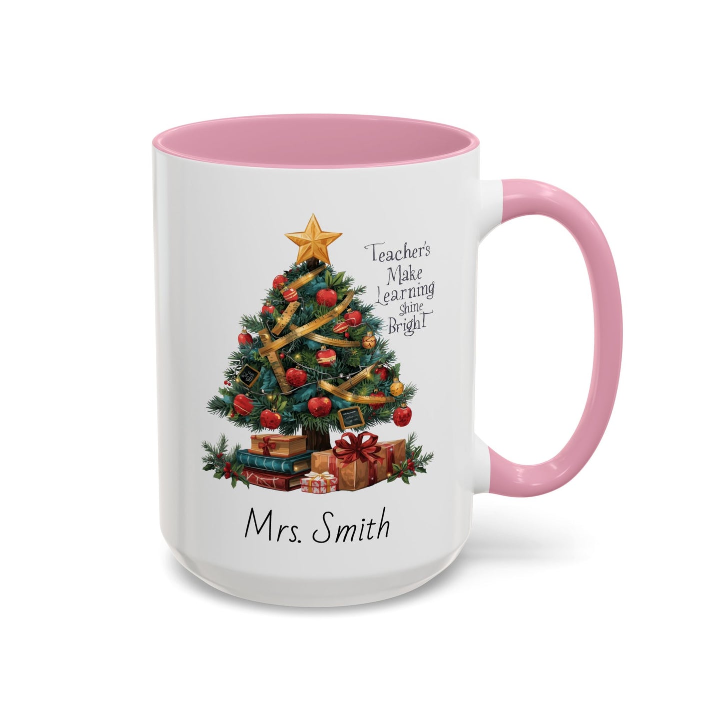 Personalized Christmas teacher mug with festive tree design, custom name, red handle, perfect holiday gift.