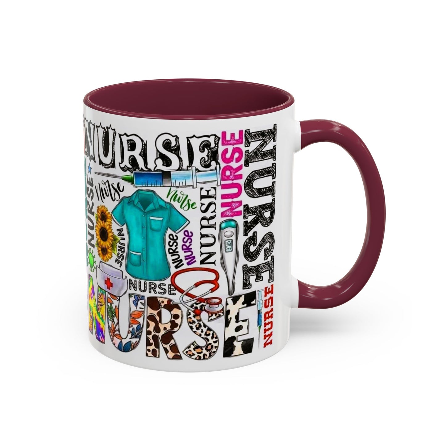 Colorful nurse coffee mug held by hands, ideal gift for nurse appreciation or nursing students.