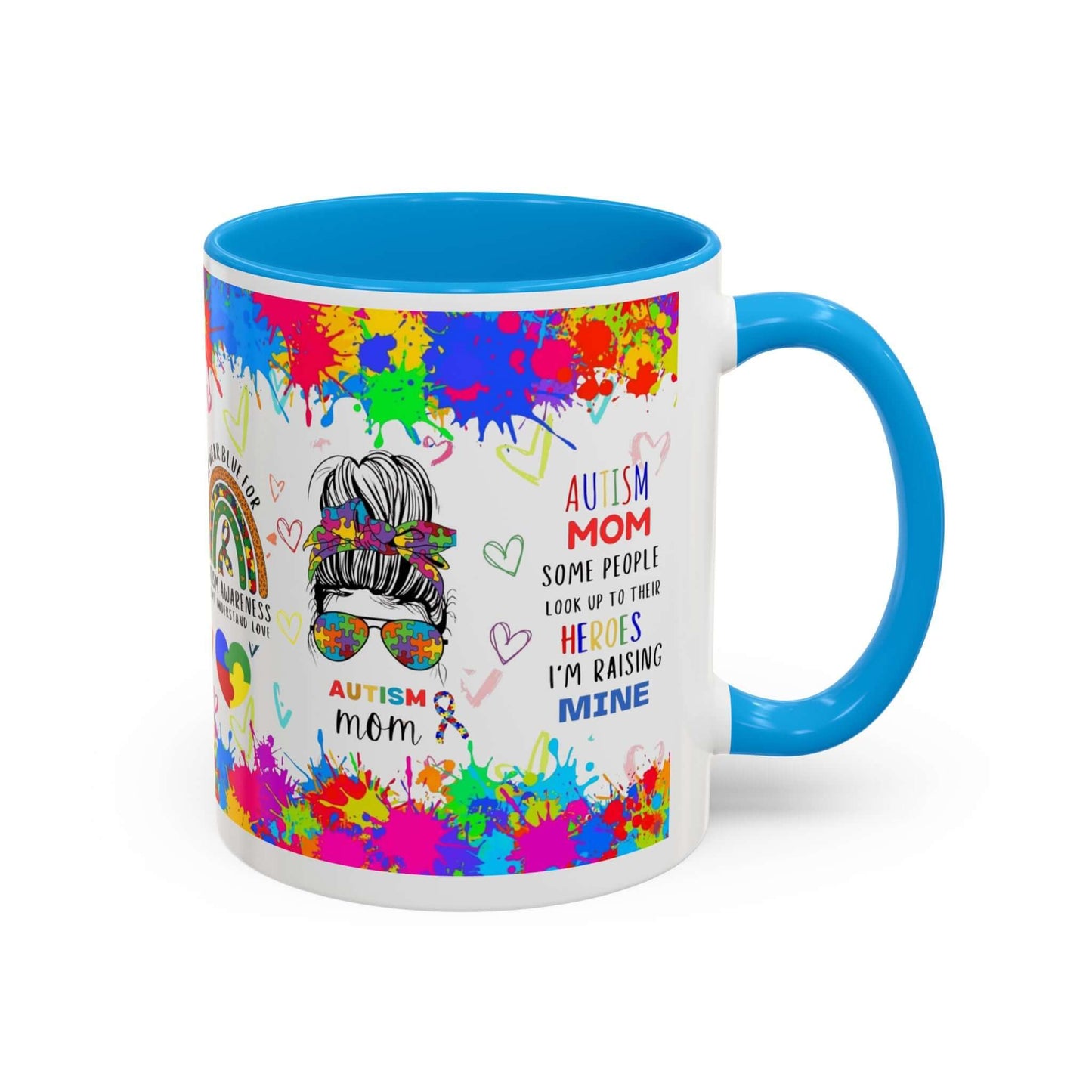 Colorful Autism Mom Mug featuring vibrant neurodiversity designs and heartfelt quotes about raising autistic children.