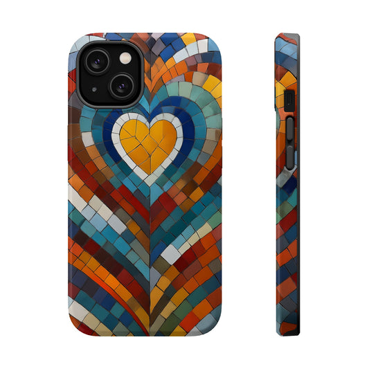 Magnetic Heart Mosaic iPhone Case, Faux Stained Glass, Trendy Phone Cover, Artistic Phone Case, Wireless Charging
