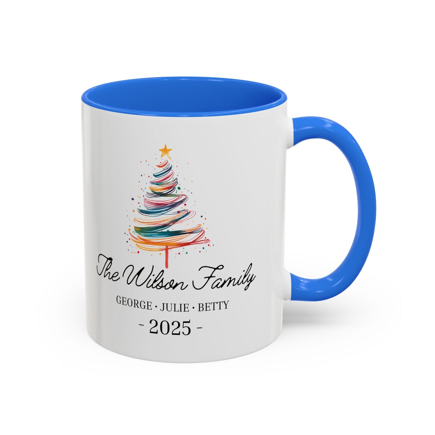 Personalized Family Christmas Mug, Custom Family Name Holiday Coffee Cup 2025, Colorful Christmas Tree Mug, Family Christmas Gift
