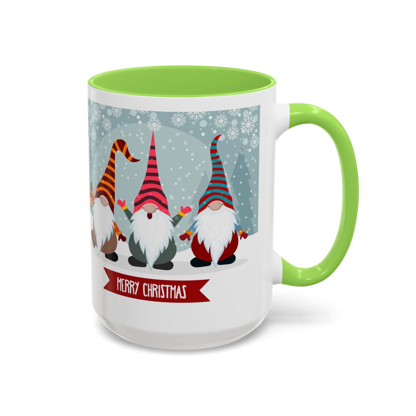 Merry Christmas gnome mug featuring colorful gnomes in festive hats, perfect for holiday coffee.