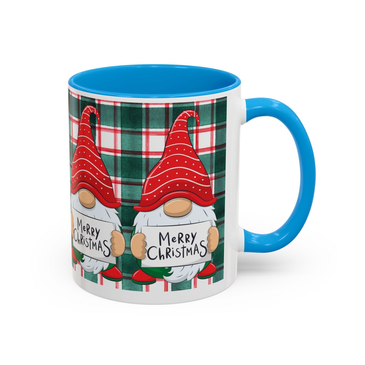 Festive Christmas gnome mug with holiday design, featuring gnomes and a plaid background.