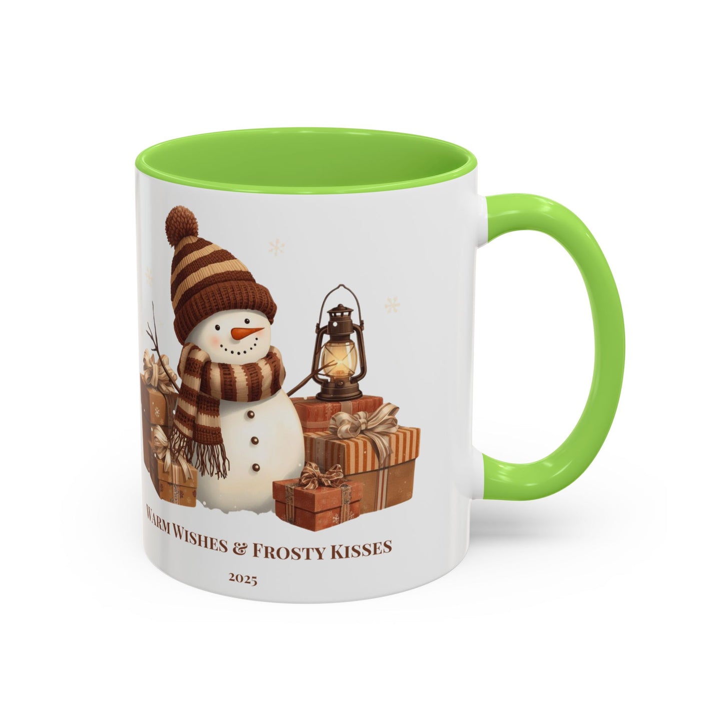 Snowman coffee mug featuring a festive design with gifts and the message 'Warm Wishes & Frosty Kisses'