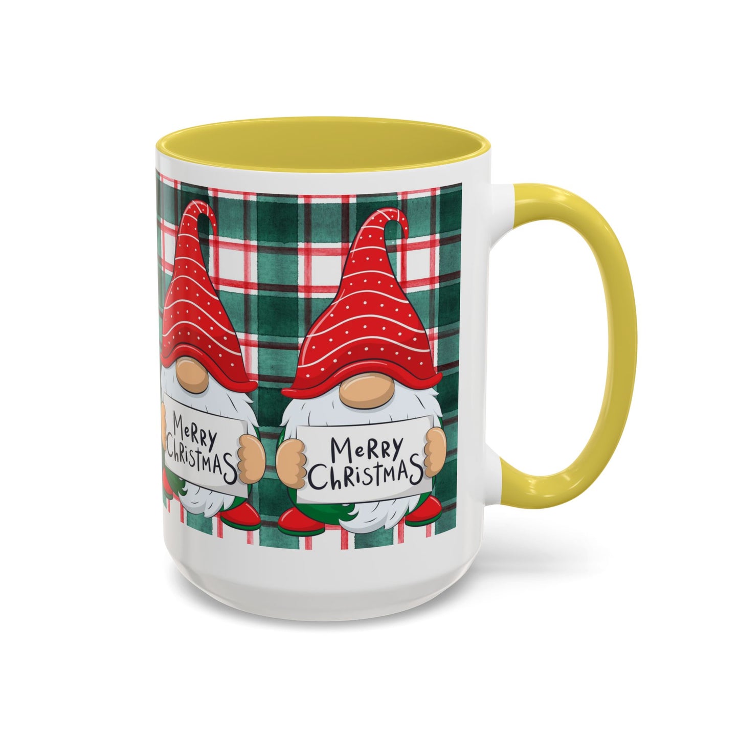 Festive Christmas gnome mug with holiday design, featuring gnomes and a plaid background.