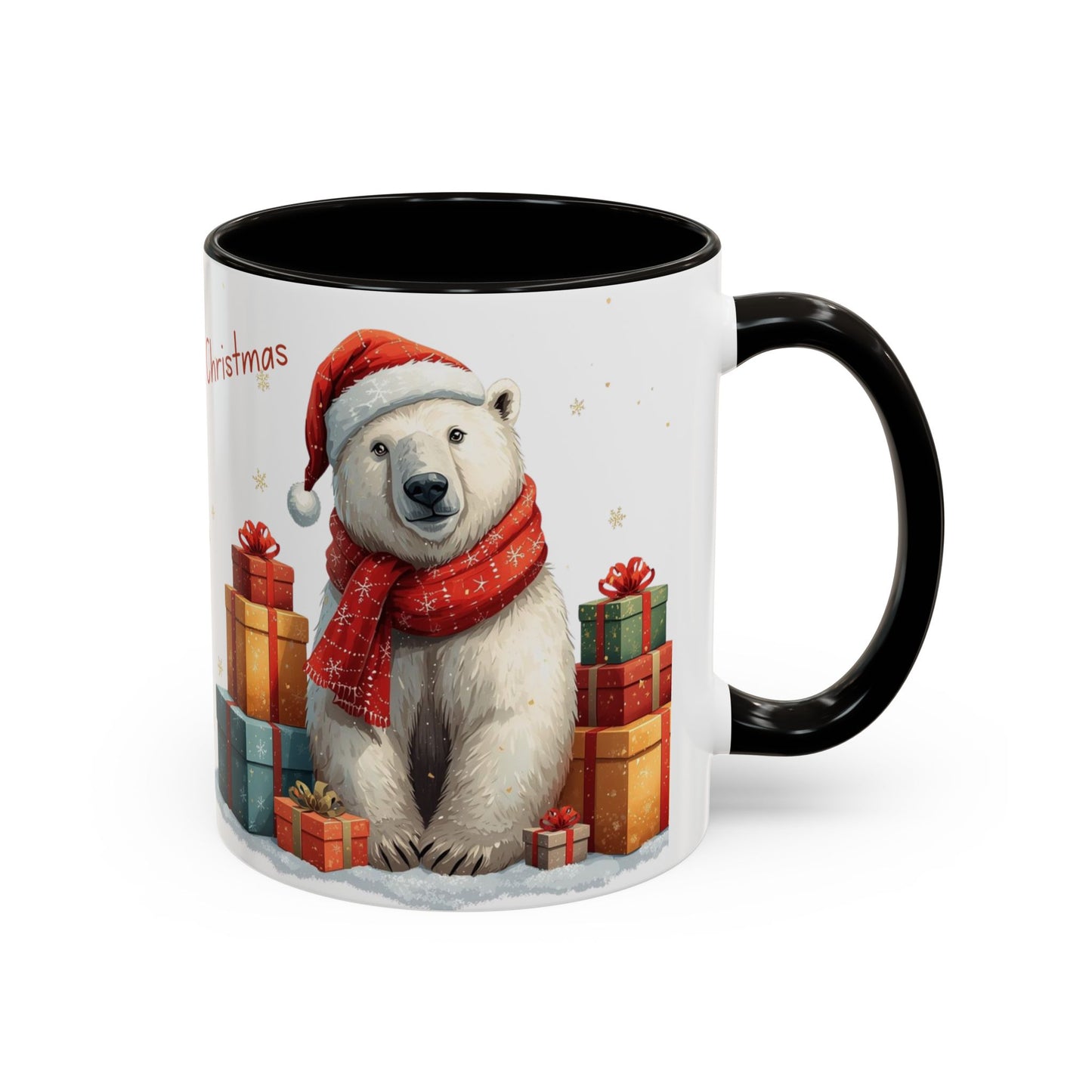 Cute Polar Bear Christmas mug with a red scarf and Santa hat, surrounded by colorful gift boxes.