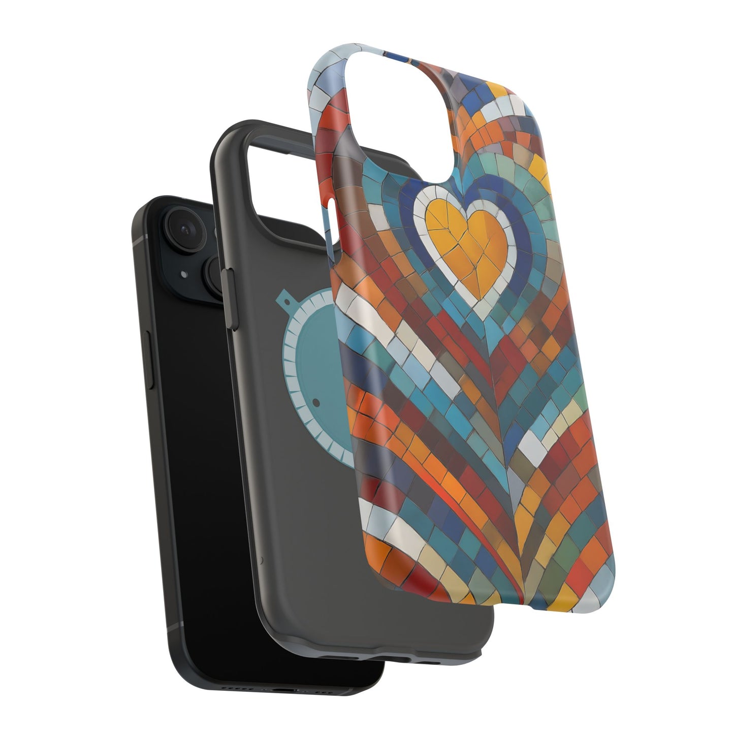 Magnetic Heart Mosaic iPhone Case, Faux Stained Glass, Trendy Phone Cover, Artistic Phone Case, Wireless Charging