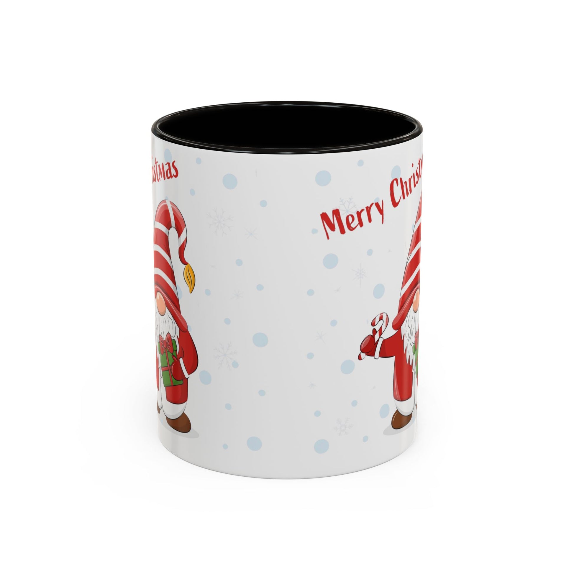 Merry Christmas gnome mug with candy cane and gift design, perfect for holiday beverages.