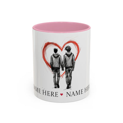 Personalized gay couple coffee mug with names, heart design, perfect for anniversaries and weddings.